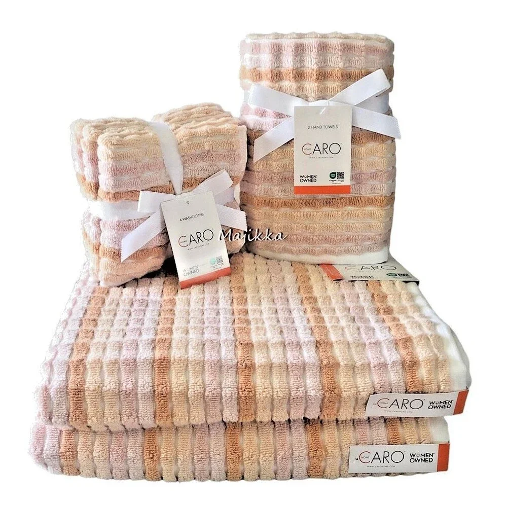 Caro 8 Piece Towel Set 2 Bath 2 Hand 4 Facecloths Peach Apricot Stripe Cotton
